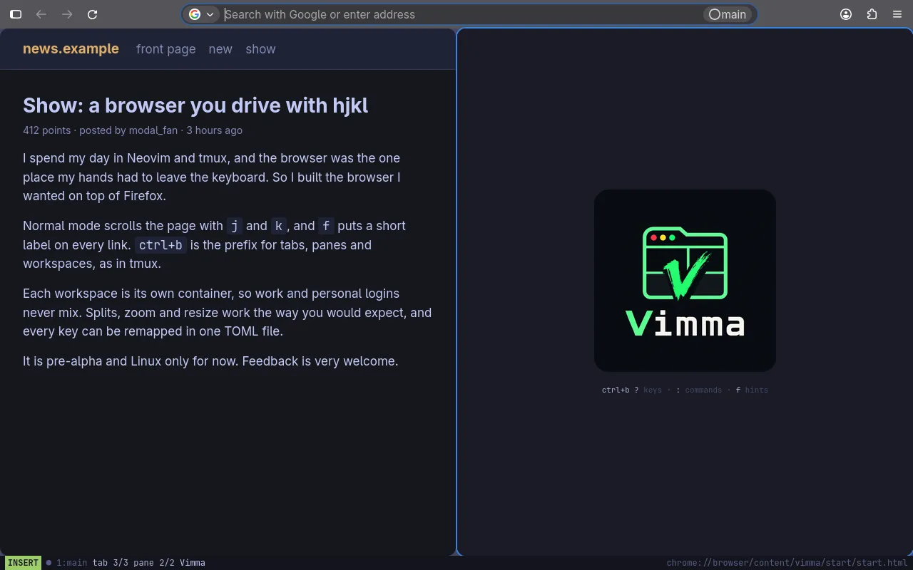 The window split in two: the article on the left, Vimma's start page on the right, and the status bar reading pane 2/2.